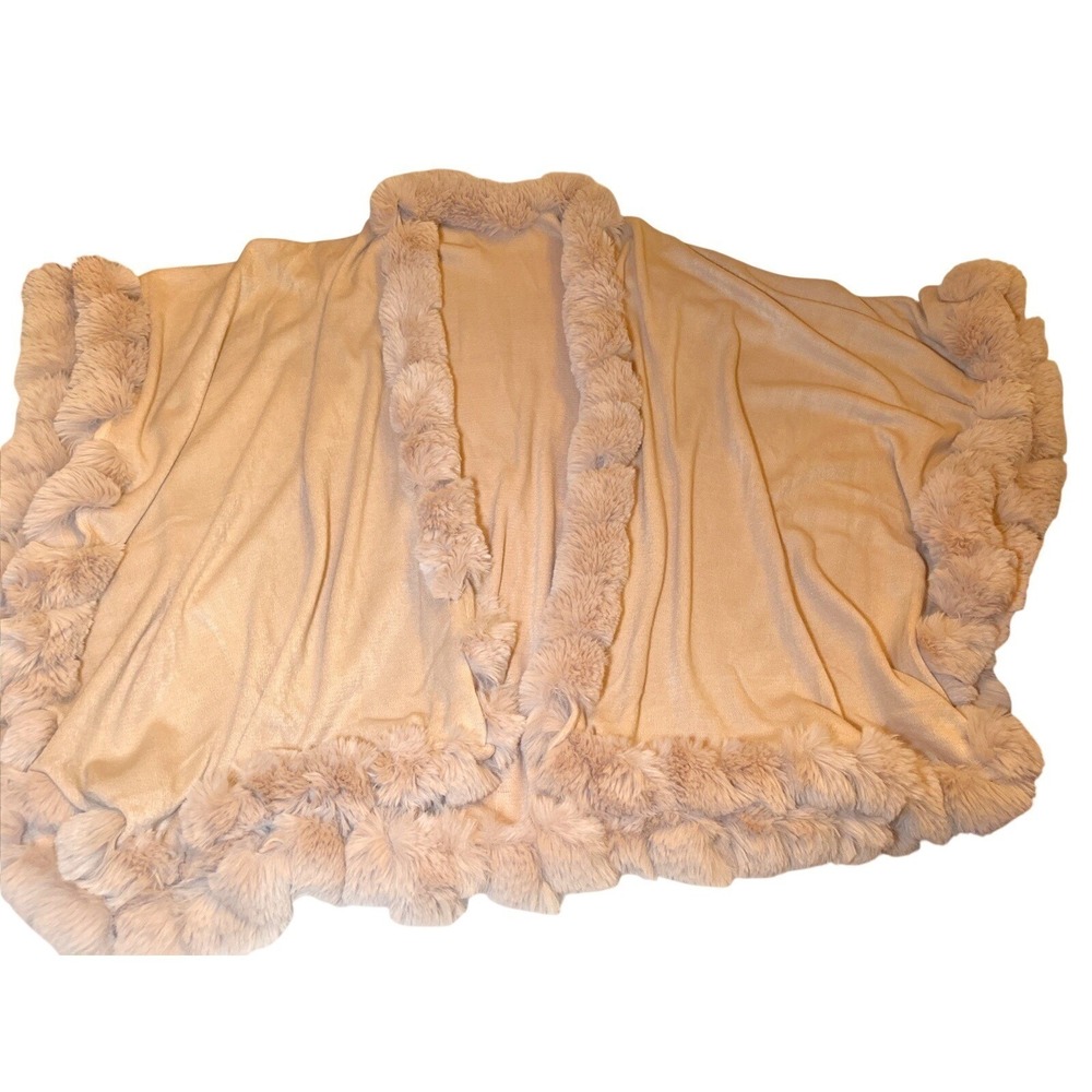 Luxury Faux Fur Trim Knit Poncho Wrap Shawl Cardigan One Size Soft Pink Cozycore - Picture 3 of 7